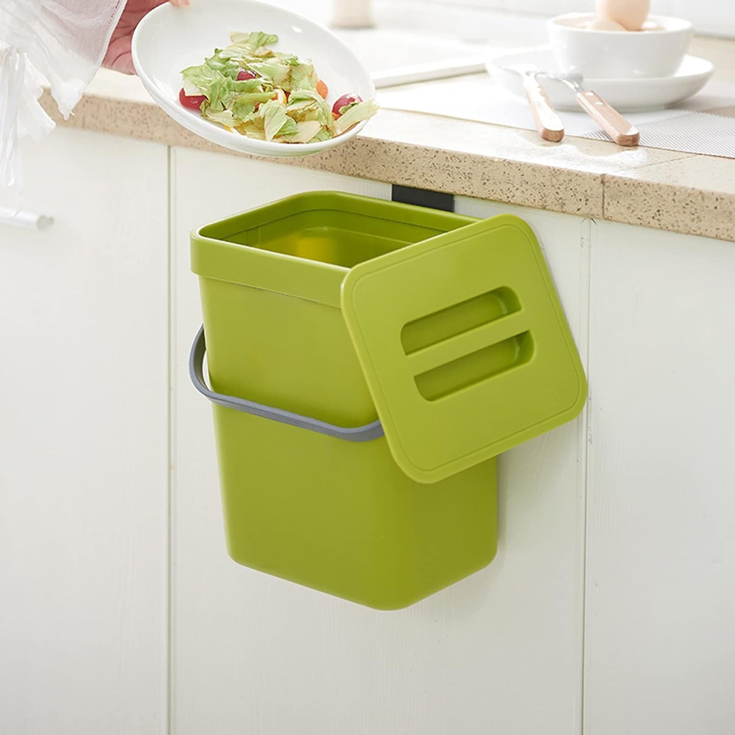 Domiella 2 Pack 1.3 + 0.8Gal Hanging Small Trash Can with Lid, Kitchen Compost Bin for Counter Top or Under Sink, Sealed Food Waste Bin, Mountable Indoor Compost Bucket for Cupboard/Bathroom (Green)