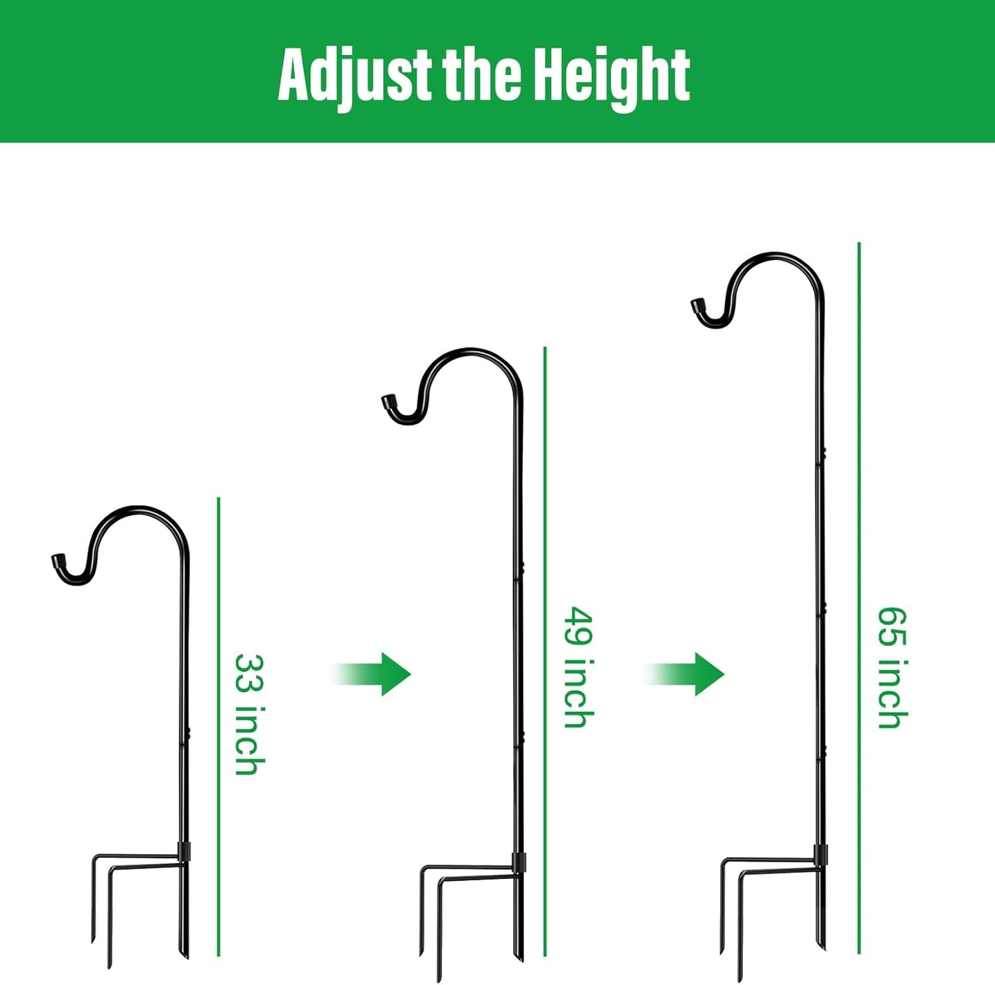 GOFORWILD Shepherd’s Hooks 2 Pack Black, 65 inches Tall, Adjustable Garden Hook for Outdoor, Hanging Plant, Solar Lights, Lanterns, Bird Feeders, Garden Stake and Wedding Decor, 7015