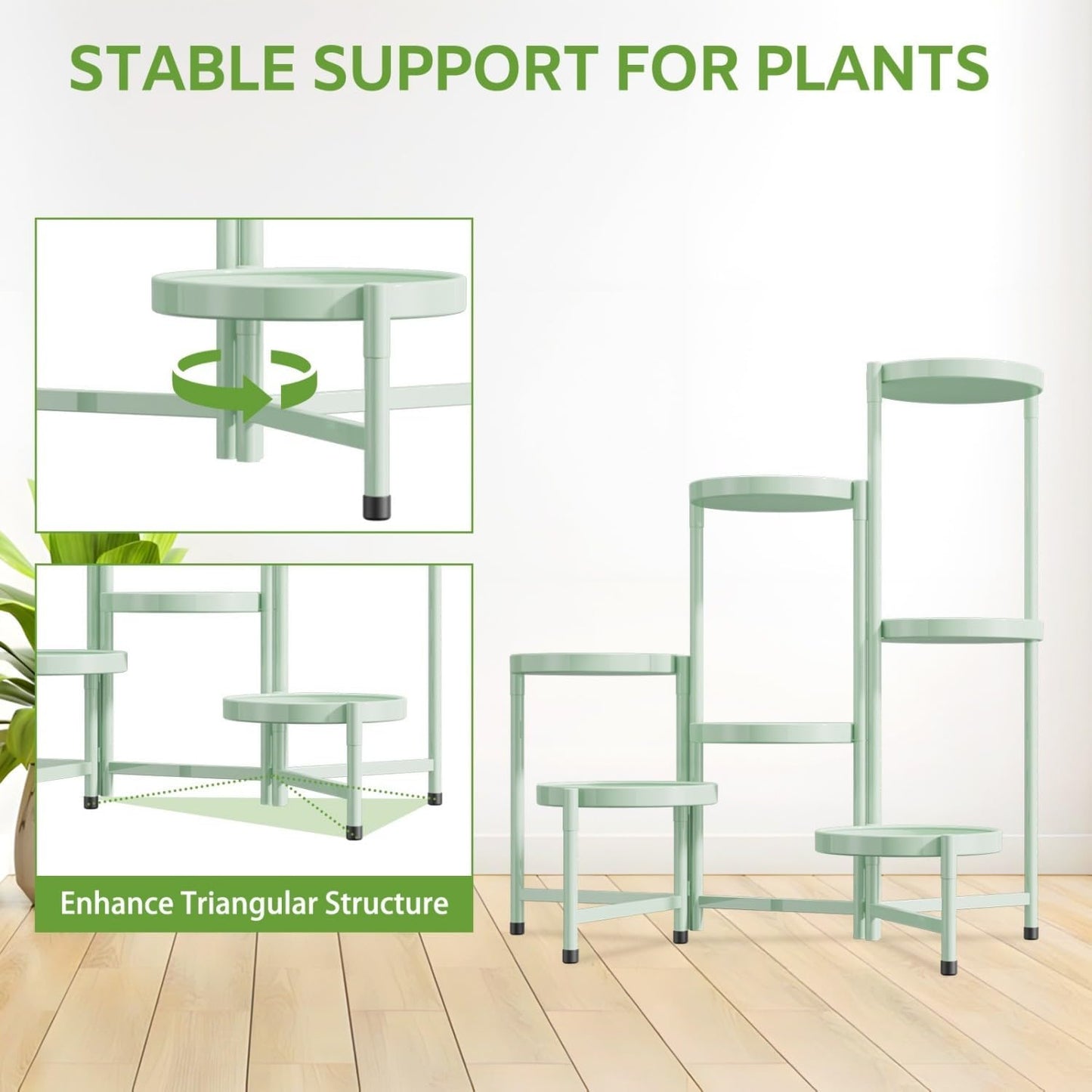 iDavosic.ly 7 Tier Large Plant Stand Indoor, 10 Inch Wide Tall Corner Metal Plant Stands Outdoor for Multiple Plants, Folding Tiered Flower Display Holder Rack Shelf, Light Green