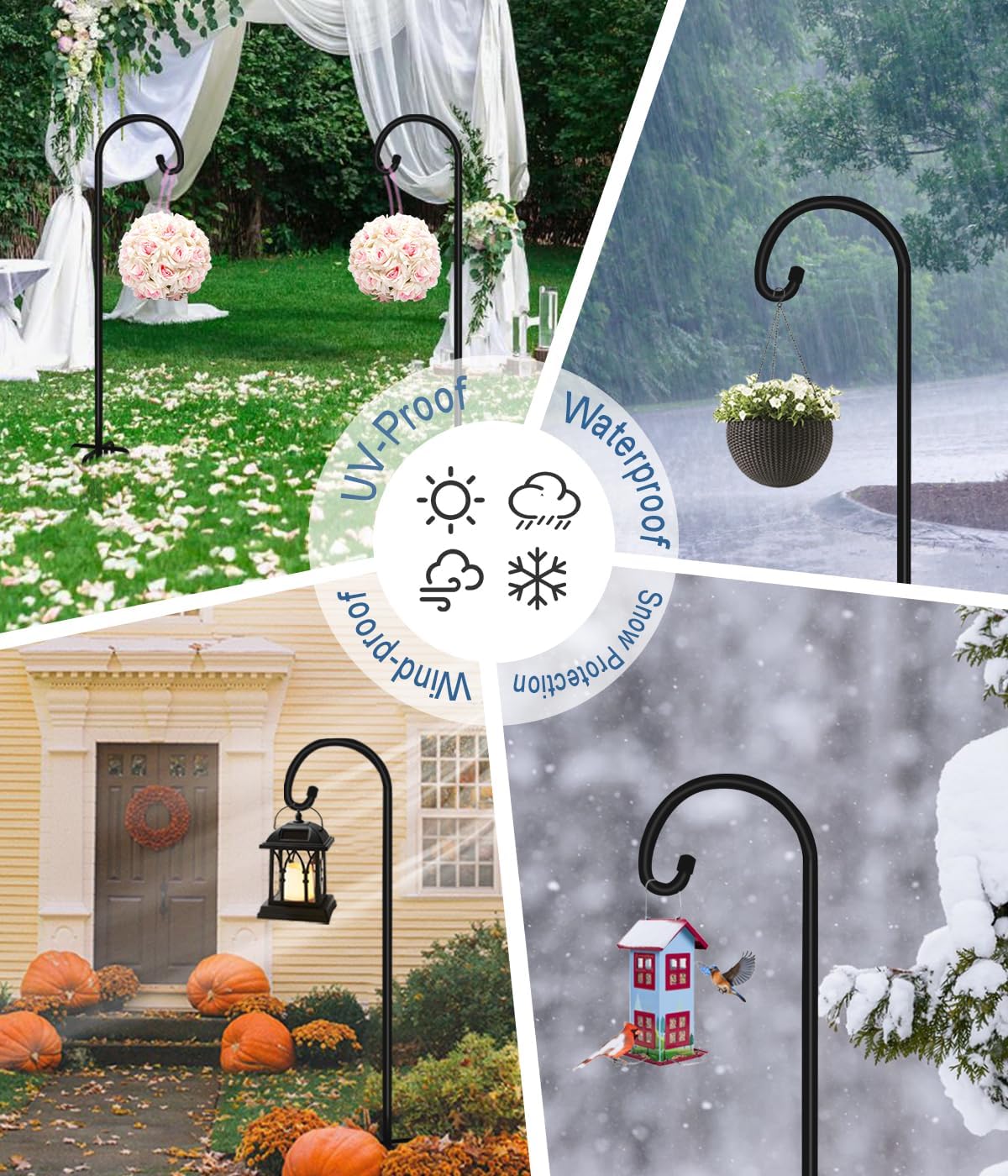 60 inch Outdoor Shepherd Hook with 5 Prong Base (2 Packs), Adjustable Heavy Duty Garden Hanging Stake for Bird Feeder Solar Light Plant Hanger Wedding Decor, Matte Black