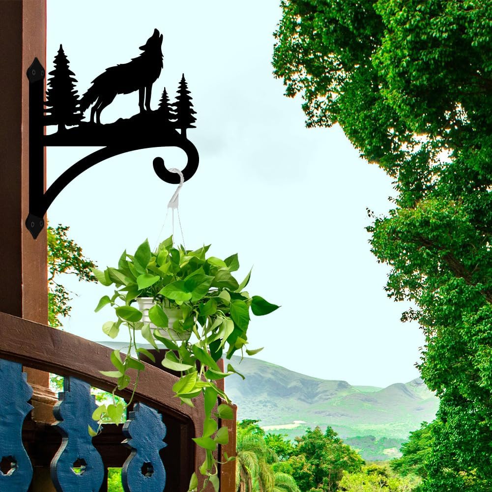 Peacoblue Iron Plant Hangers Hooks for Outdoor Indoor Hanging Plant Flower Fern Pots Lantern Bird Feeder,12"x15" Weather Resistant Metal Wall Holder for Porch Garden Farmhouse(Howling Wolf and Forest)