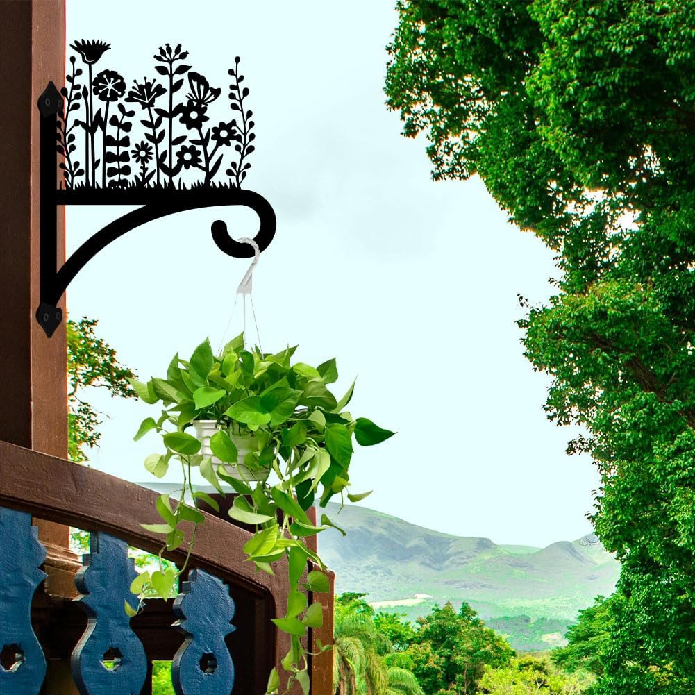 Peacoblue Iron Plant Hangers Hooks for Outdoor Indoor Hanging Plants Flower Fern Pot Lantern Bird Feeder Wind Chimes, 12"x15" Weather Resistant Metal Wall Holder for Porch Garden Farmhouse(Wildflower)