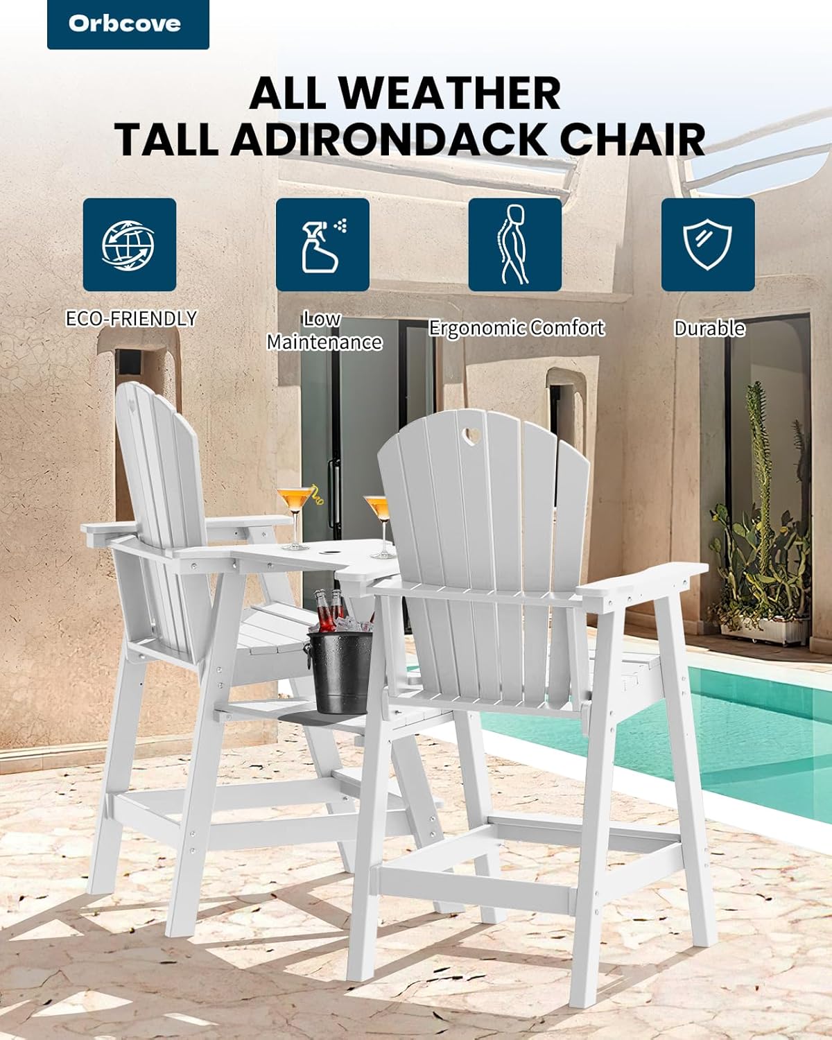 Tall Adirondack Chairs Set of 2-Durable HDPE Outdoor Bar Stools with Double Connecting Tray, Weatherproof Patio Furniture for Poolside, Backyard, Deck & Lawn Relaxation (White)