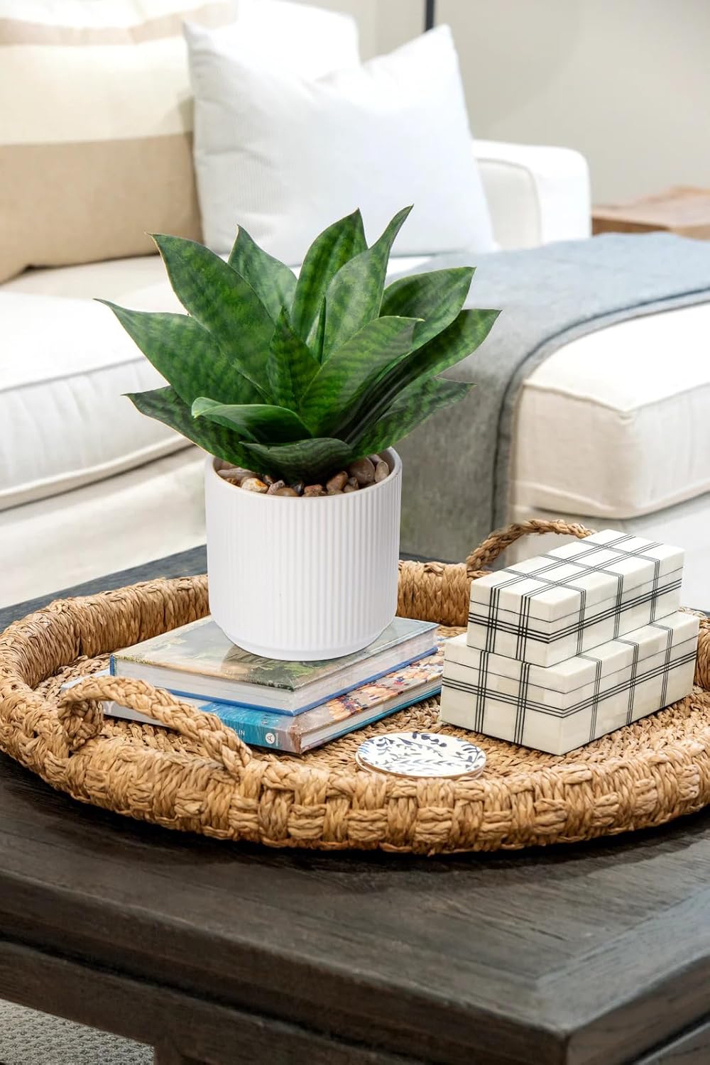 Artificial Agave Succulent Plants Faux Snake Plant Fake Succulent Agave Plant Potted in White Pot Succulent Aloe Plant for Desk Modern Office Living Room Table Shelf Home Indoor Outdoor Decor