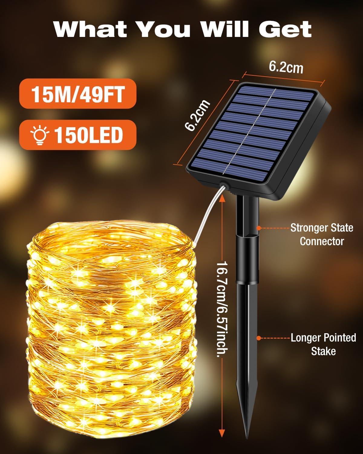 1 Pack Solar Fairy Lights for Outside Waterproof, 49FT/15M 150LED Solar String Lights Outdoor 8 Modes Solar Twinkle Lights for Garden Yard Christmas Tree Wedding Party Decor, Warm White