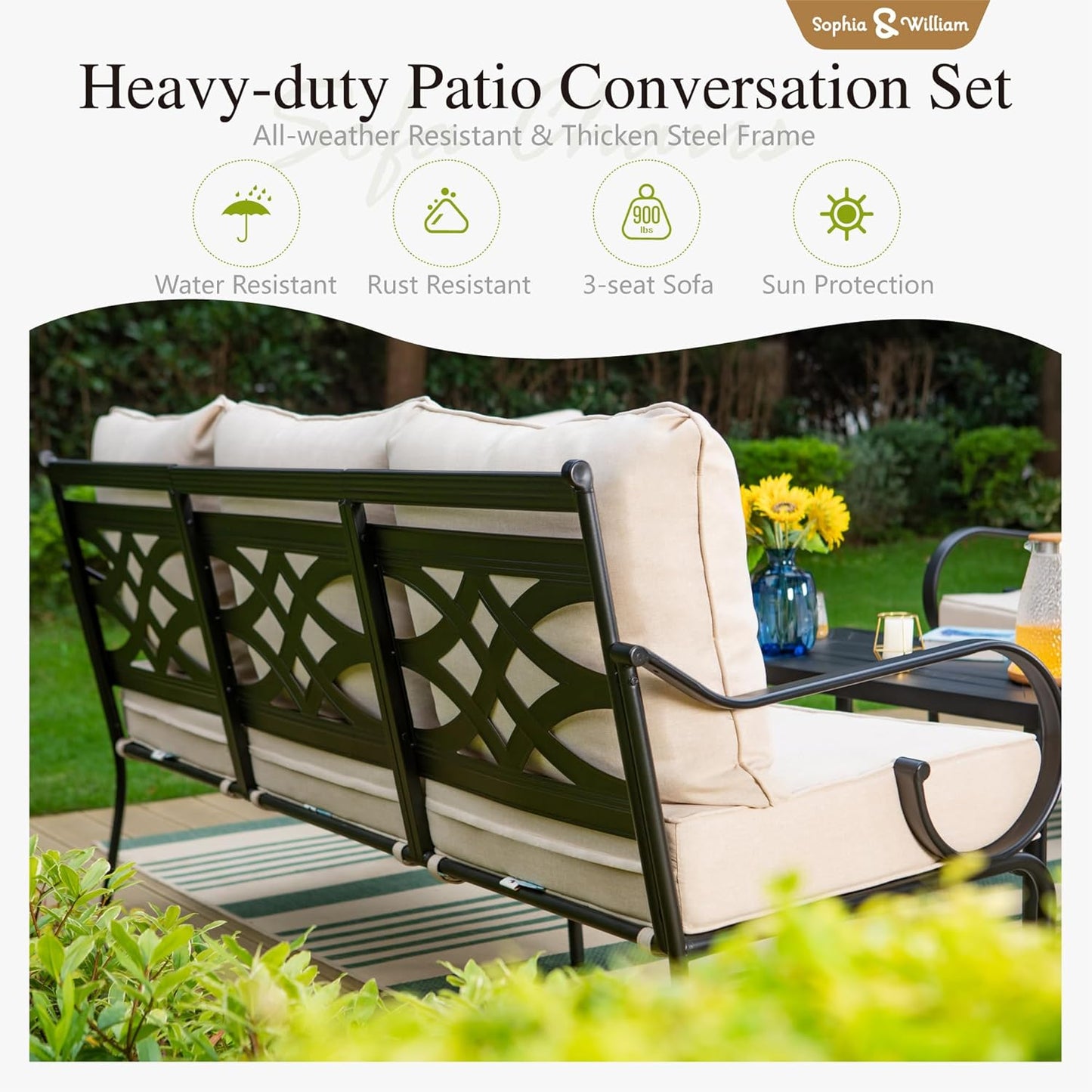 Sophia & William 5 Piece Patio Furniture Set, Outdoor Conversation Sets 7 Seat with 3-seat Sofa x 1, Loveseat x 1, Swivel Chair x 2, Metal Coffee Table x 1 for Porch Lawn, Beige