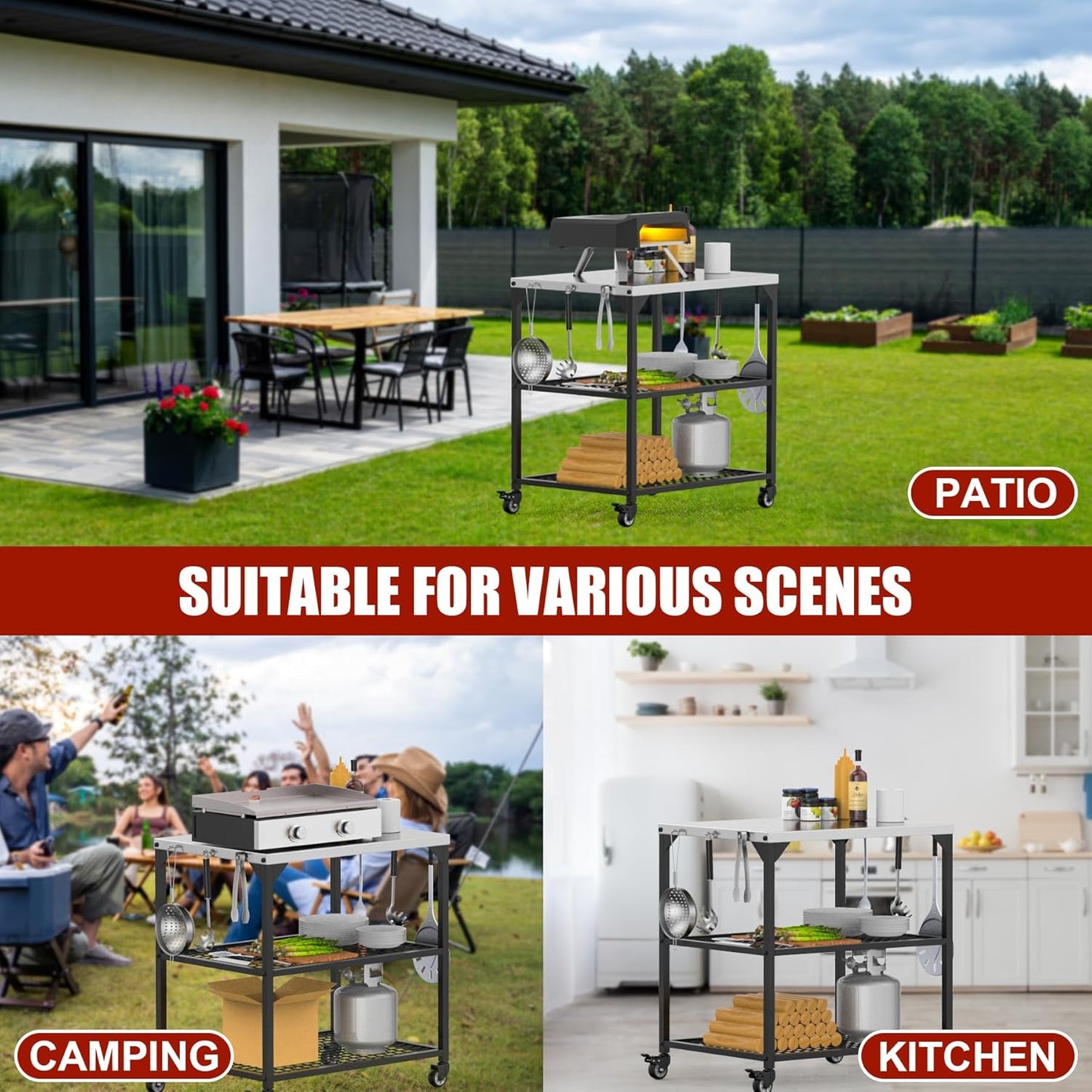 KEESHA Multi-Functional Stainless Steel Pizza Oven Stand Station 35.5 x31.5 x24'' Grill Trolley Stand for Outdoor Indoor Movable Dining Food Prep Cart with 3 Shelves for Ooni, Weber, Blackstone, Ninja