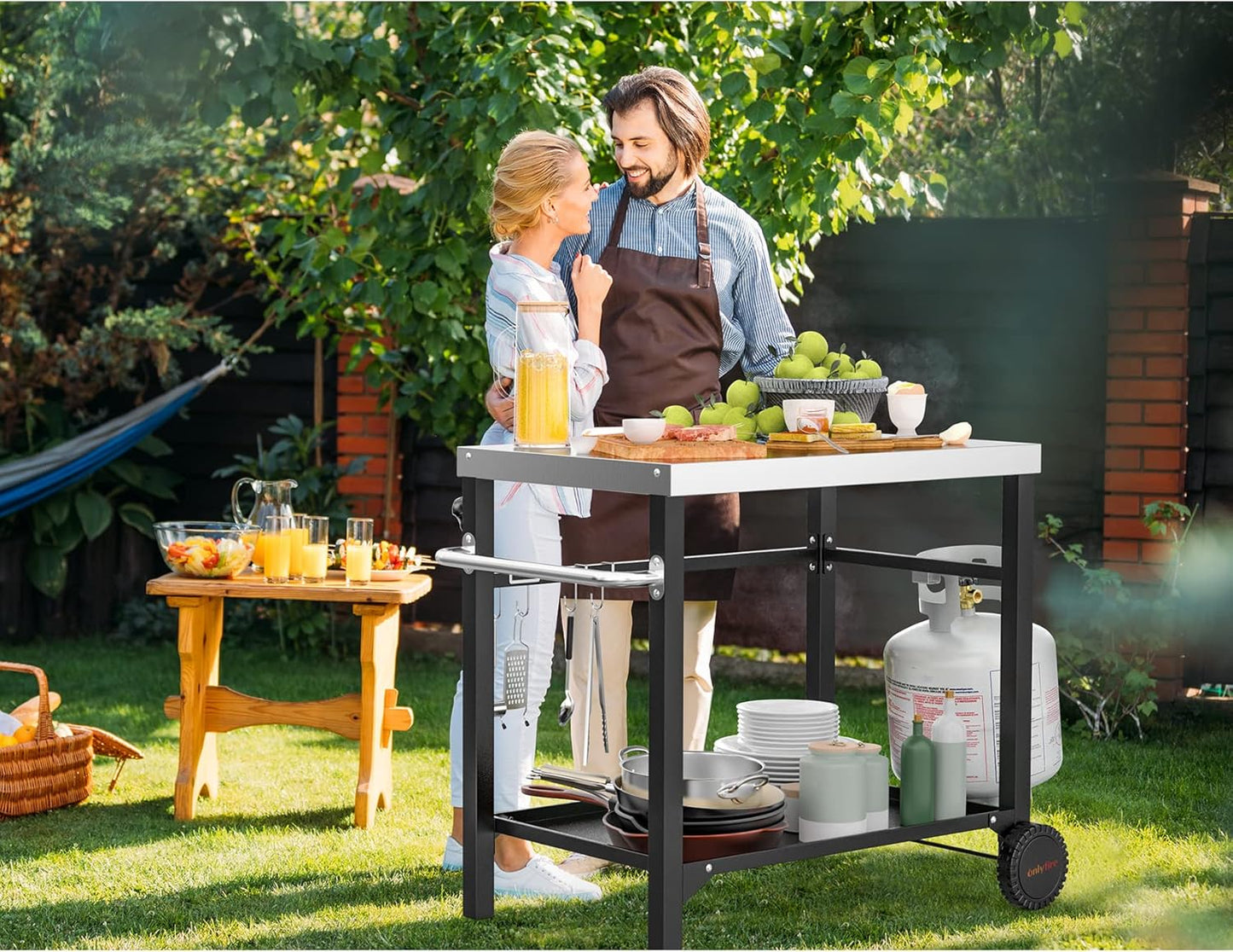 only fire Stainless Steel Movable Dining Cart Table, Pizza Oven Table, Multifunctional Utility Cart with Wheels for Outdoors, Kitchen or Backyard Patio