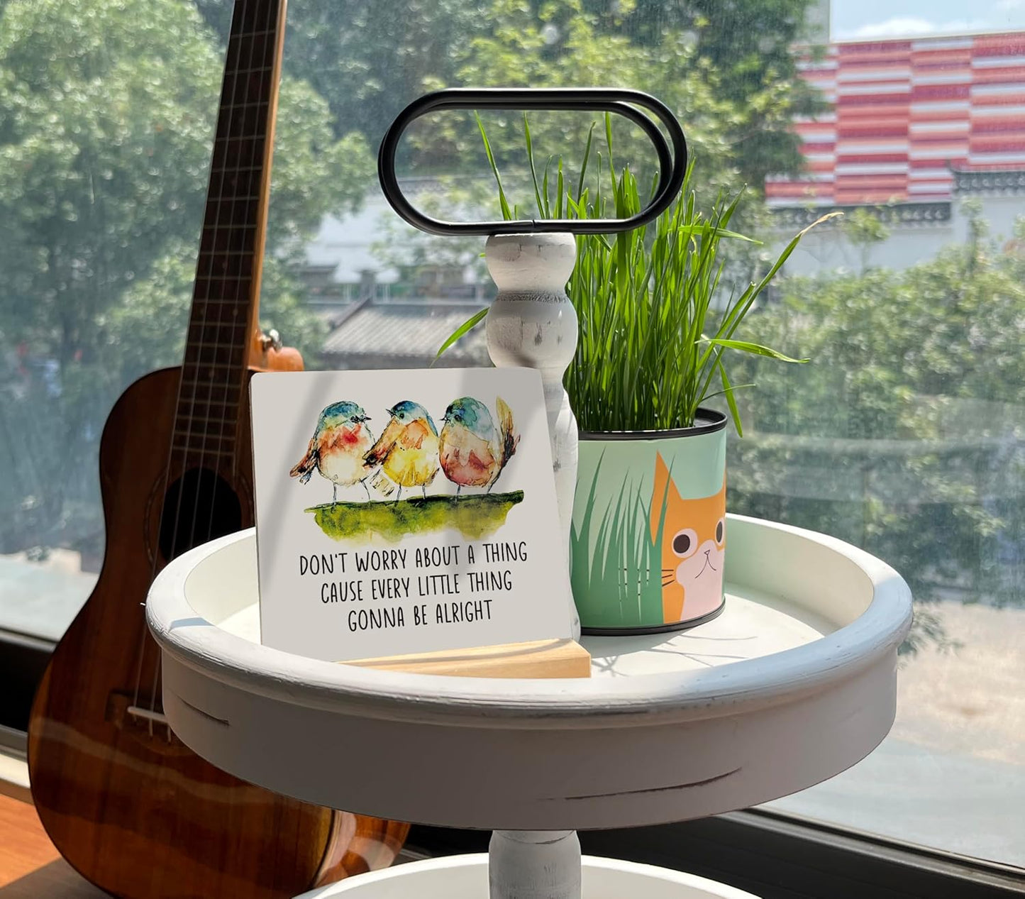 Primitive Wooden Sign, Don't Worry about A Thing Cause Every Little Thing Gonna Be Alright, Desk Plaque with Wooden Stand 4 x 4.3 inches, Three Little Birds Decor for Home Farmhouse B