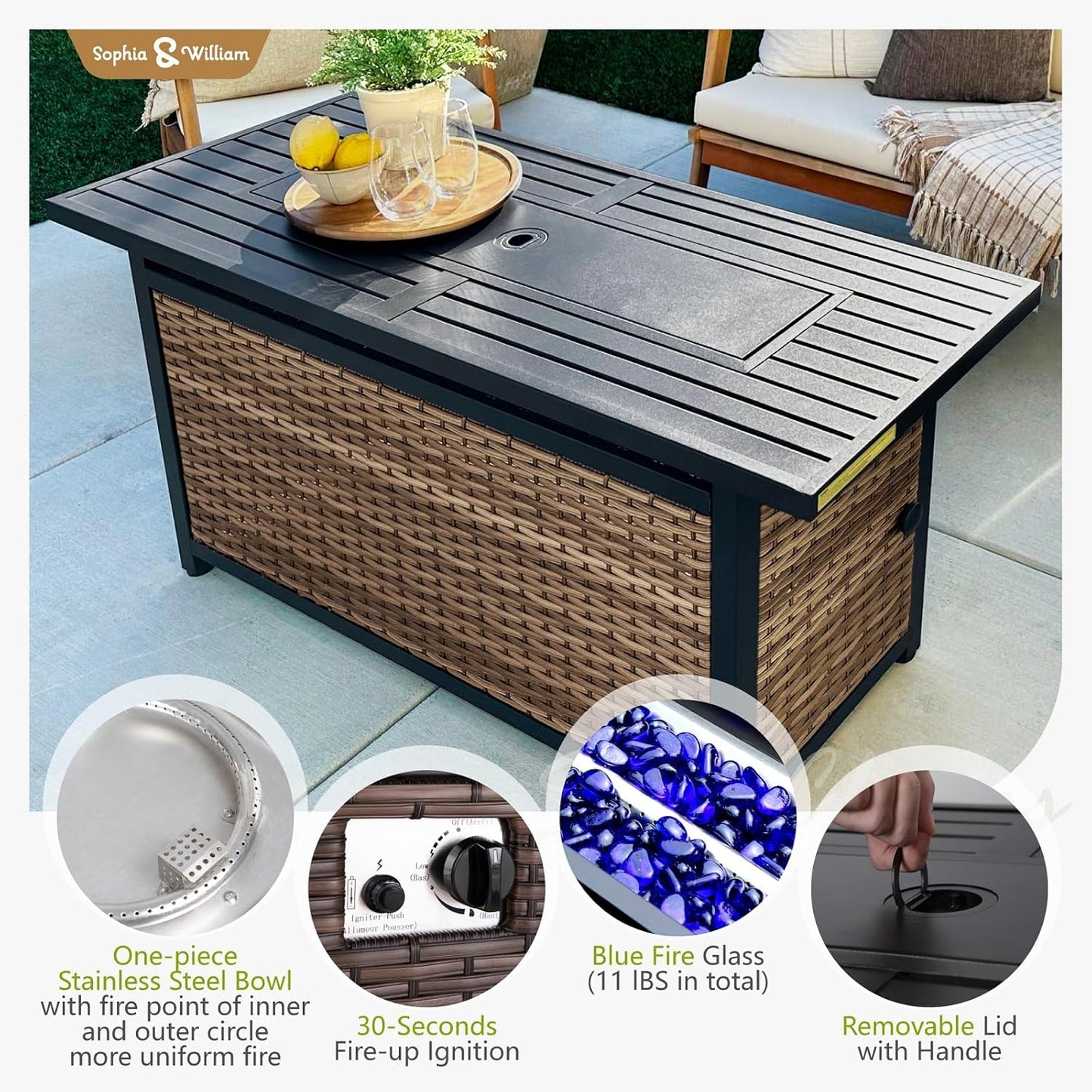 Sophia & William Patio Furniture Set with Fire Pit Table, 11 Piece Half Moon Outdoor Wicker Sectional Sofa Set, Rattan Conversation Set with 56-Inch Fire Pit Table & Ottoman (Aqua Blue)