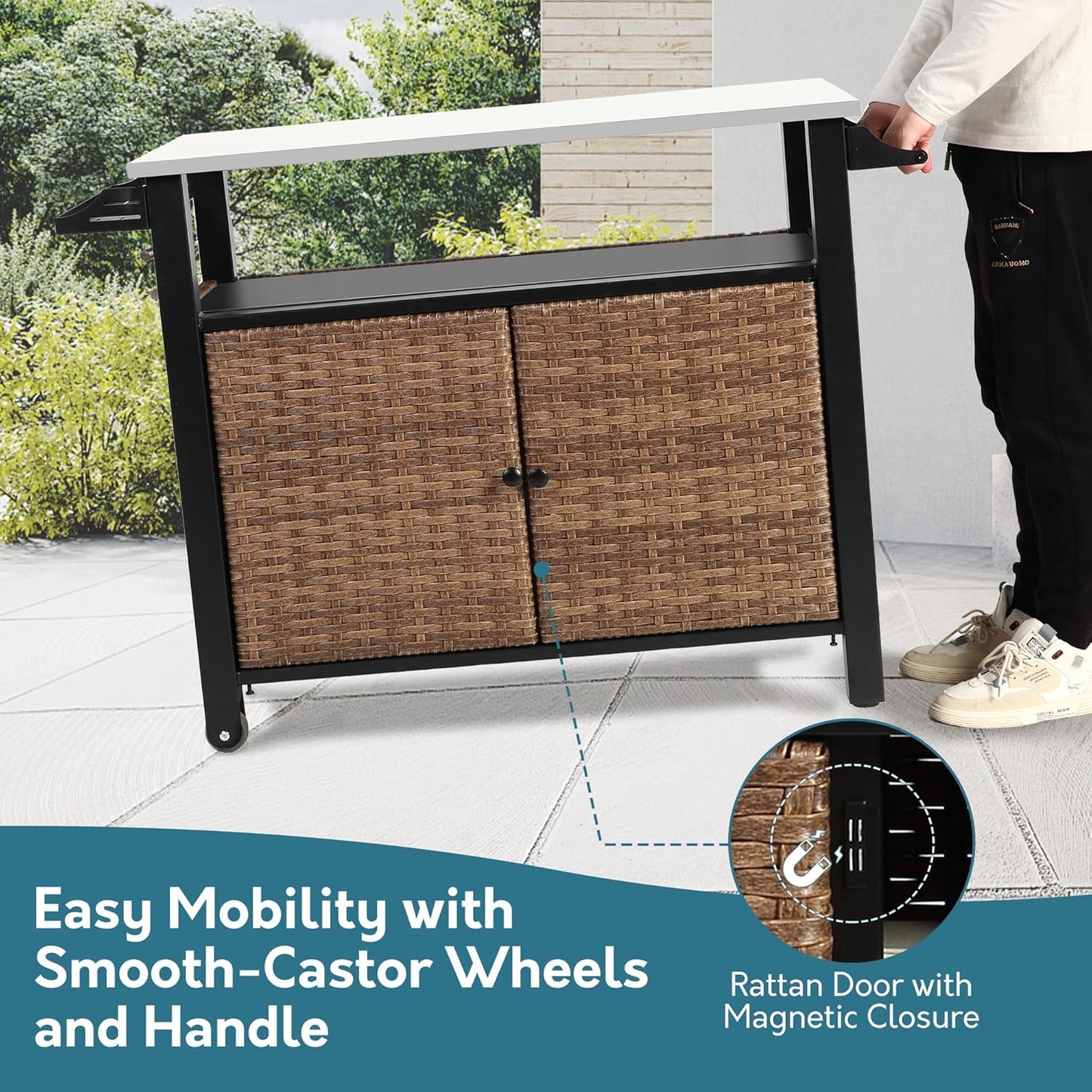 Grill Cart Outdoor with Wheels, Outdoor Prep Table with Wicker Storage and Rolling Wheels, Kitchen Island Serving Cart with Stainless Steel Table Top for BBQ, Porch, Patio, Brown