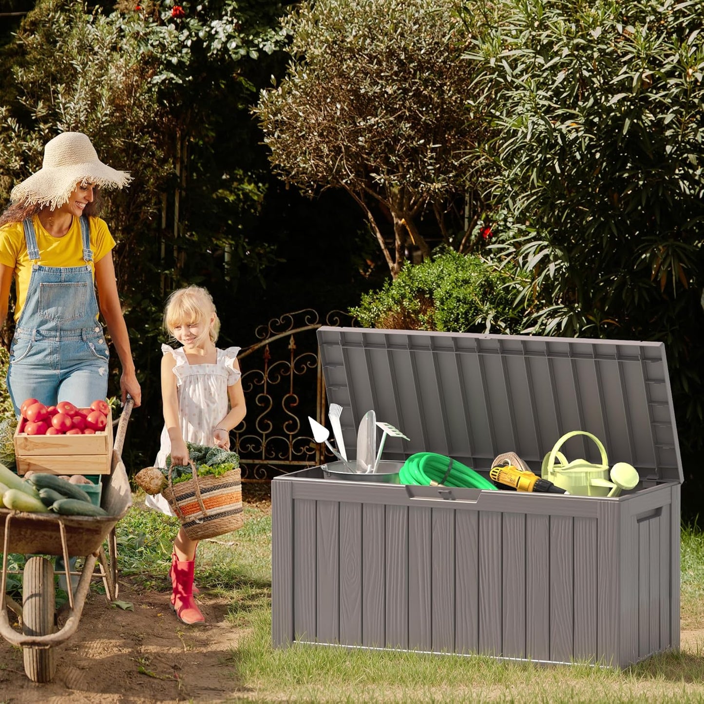 NUNU LAB 75 Gallon Outdoor Storage Box,Resin Large Sturdy Deck Box, Backyard Outside Storage Box Waterproof with Double Wall Panels,Garden Box,Package Delivery Outdoor Hose Storage Bin