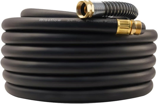 WiseFlow Garden Hose 50FT x 3/4", Heavy Duty Rubber Hose, 1000PSI Burst, 300PSI Working, Water Hose with Five Layered Braiding, Male Female Fittings (Black)
