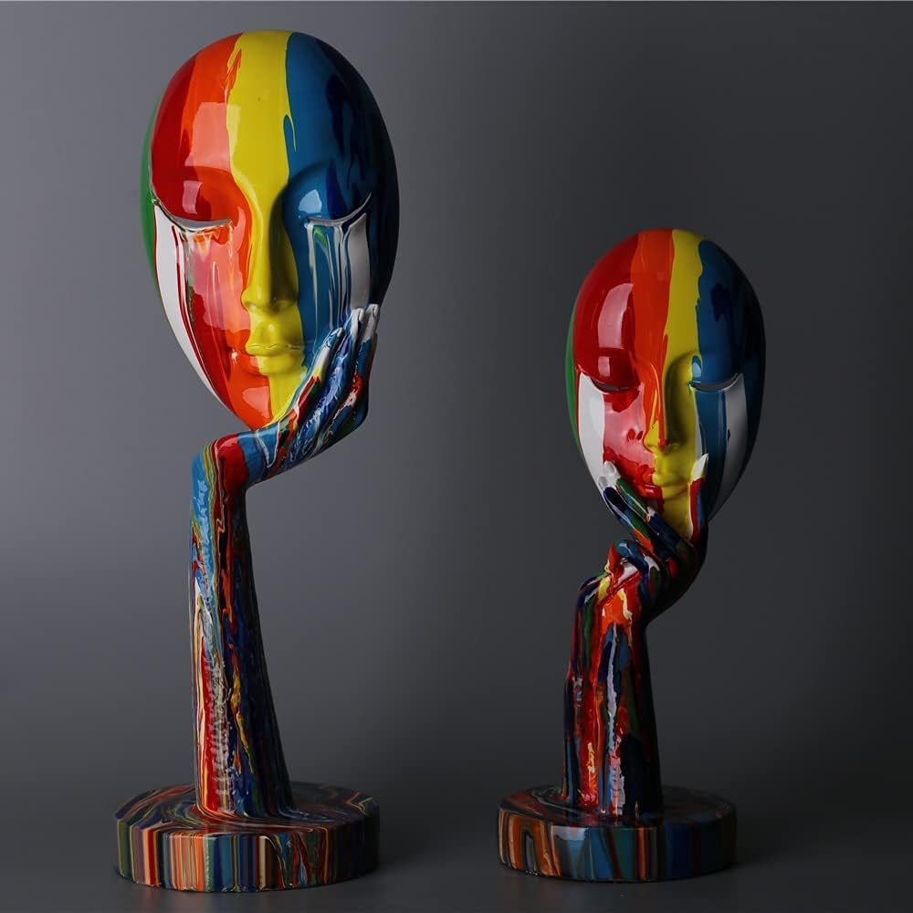 suruim Simple Creative Colorful Female Face Art Statue Thinker Sculpture Abstract Character Crafts Ornament Home Office Bedroom Living Room Study Decoration (Small 11.8x4.3x4.3in)