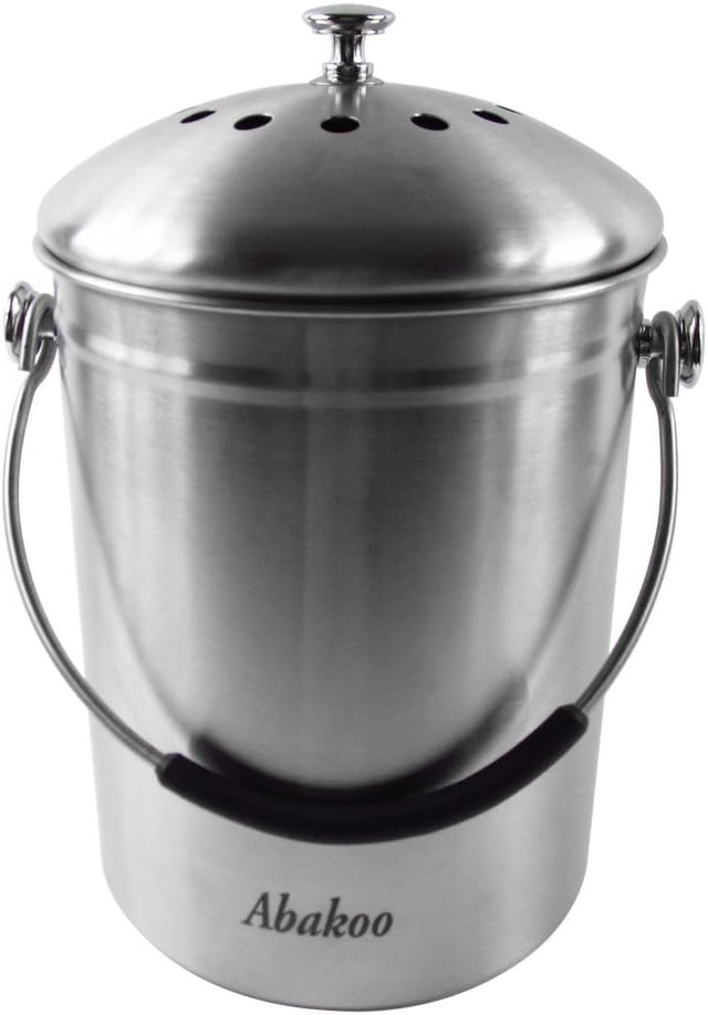 Abakoo Compost Bin 304 Stainless Steel Kitchen Composter Waste Pail Indoor Countertop Kitchen Bin Pail - Includes 4 Filters (1.3 Gallon)