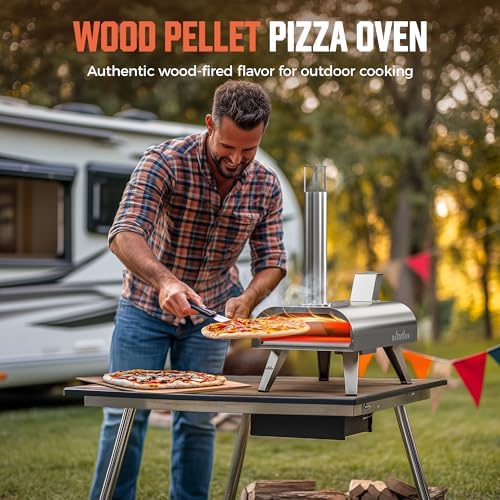 BIG HORN OUTDOORS 12" Dual Fuel Pizza Oven – Electric & Wood Pellet, Indoor & Outdoor High-Temp Pizza Maker (1000°F) with Pizza Stone for Wood-Fired Flavor