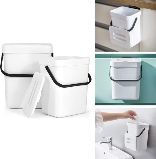 Domiella 2 Pack 1.3 + 0.8Gal Hanging Small Trash Can with Lid, Kitchen Compost Bin for Counter Top Under Sink, Sealed Food Waste Bin, Mountable Indoor Compost Bucket for Cupboard/Bathroom (White)
