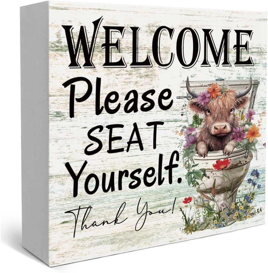 Funny Highland Cow Please Seat Yourself Bathroom Home Décor Sign Farmhouse Bathroom Signs Decor Rustic Wood Plaque Decor for Home Restroom Shelf