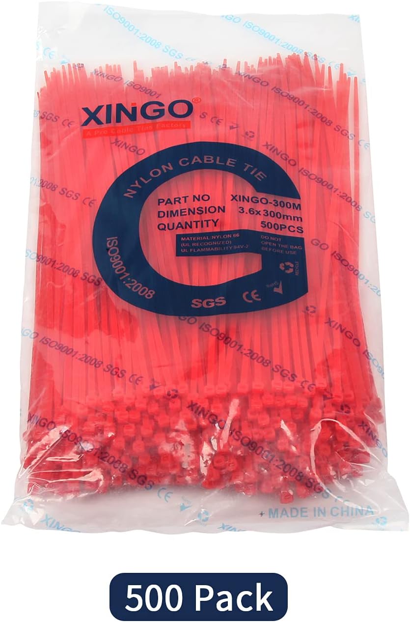 XINGO Nylon Cable Zip Ties Self Locking Plastic Wire Ties with 40 Lbs Tensile Strength for Indoor and Outdoor 12 Inch 500 Pack Red