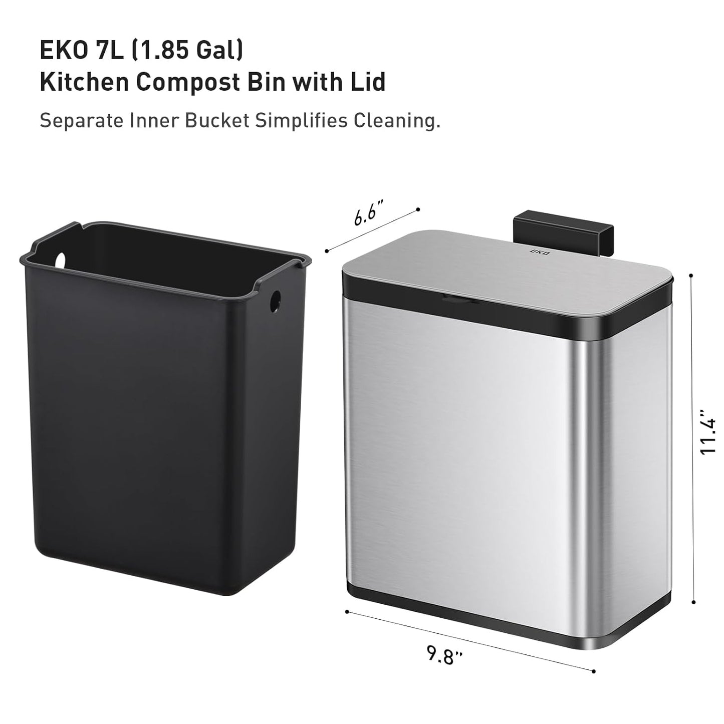 EKO Kitchen Compost Bin, 7L / 1.85 Gal Stainless Steel with Removable Inner Bucket and Deodorizer Compartment, 2-in-1 Countertop Compost Bin with Lid, Food Waste Caddy for Kitchen (MMT & Black Finish)