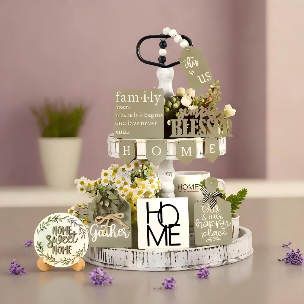 11PCS Farmhouse Tiered Tray Decor Set – Rustic Wooden Mini Signs and Decorations for Home and Kitchen Display (Tiered Tray Not Included)
