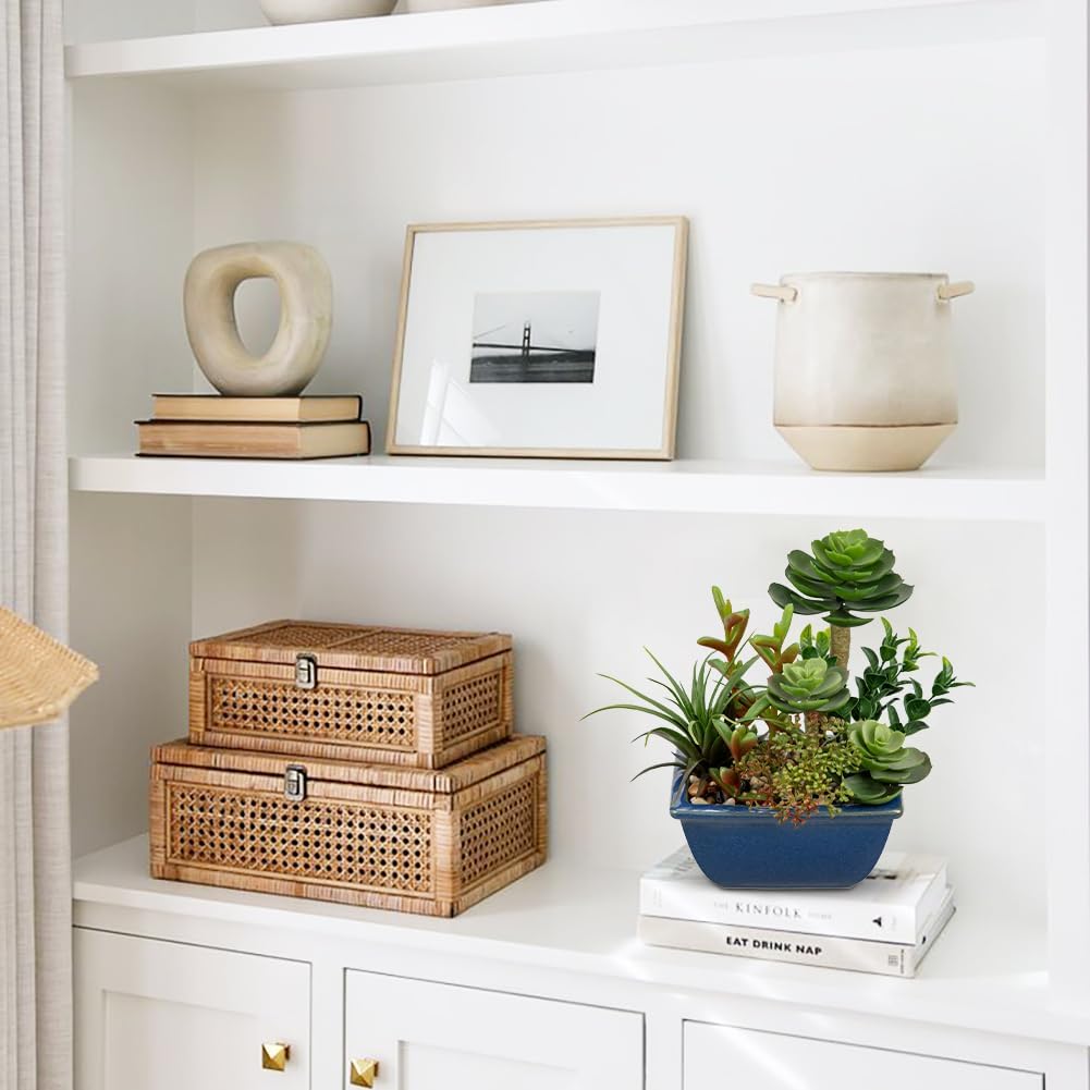 Small Faux Plant Assorted Fake Succulents Plants with Glazed Ceramic Pot Faux Succulents Arrangement Cement Potted Desk Plants Small Fake Plants for Home Table Office Bathroom Shelf Living Room Decor