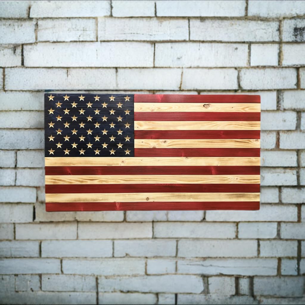 Rustic Wooden American Flag, Patriotic Wall Art (Natural Finish, 19.5x36)