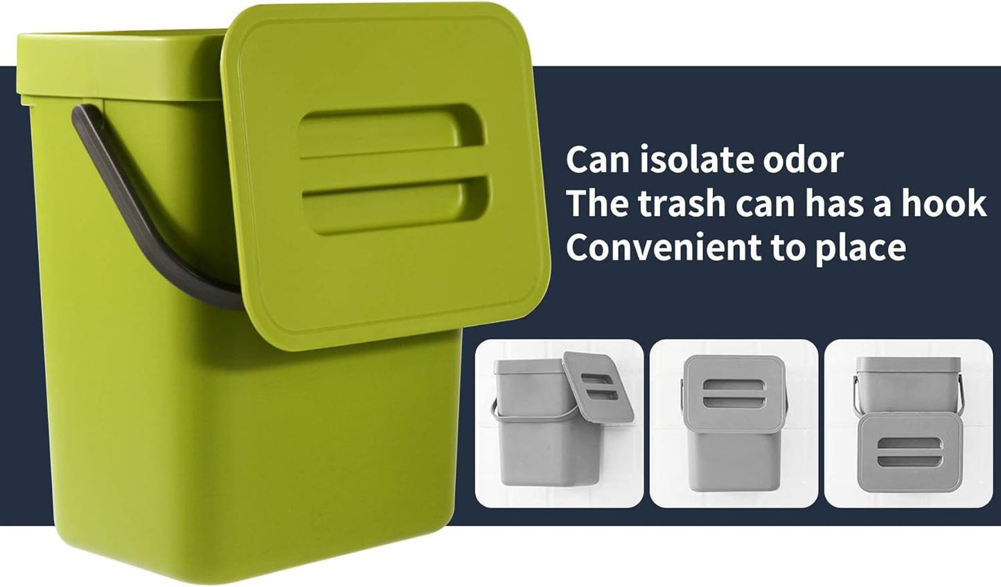 Domiella 2 Pack 1.3 + 0.8Gal Hanging Small Trash Can with Lid, Kitchen Compost Bin for Counter Top or Under Sink, Sealed Food Waste Bin, Mountable Indoor Compost Bucket for Cupboard/Bathroom (Green)