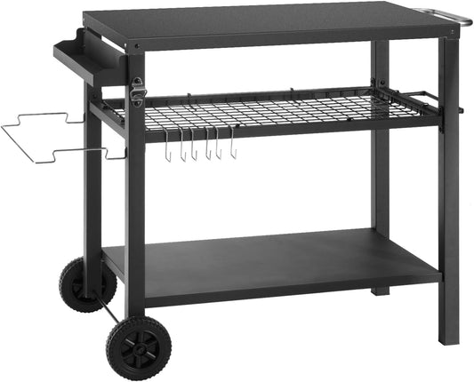 Dining Cart Table with Three Shelf, Movable Outdoor BBQ Grill Pizza Oven Stand with Three Hooks, Kitchen Cart Island Multifunctional Food Prep Table for Inside and Outside (Black)