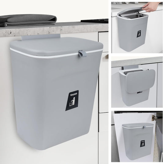 9L/2.4 Gallon Hanging Trash Can for Kitchen Cabinet Door with Lid, Small Under Sink Garbage Can,Trash Bin for Bathroom,Wall Mounted Counter Waste Kitchen Compost Bin,Plastic (Gray)