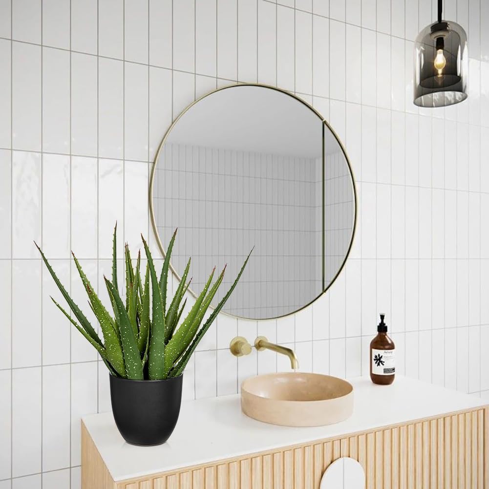 Large Fake Succulent Aloe Vera Plants 16.5 Inch Artificial Succulents with Black Pot Faux Aloe Potted Plant for Desk Modern Home Office Bedroom Living Room Table Shelf Decor