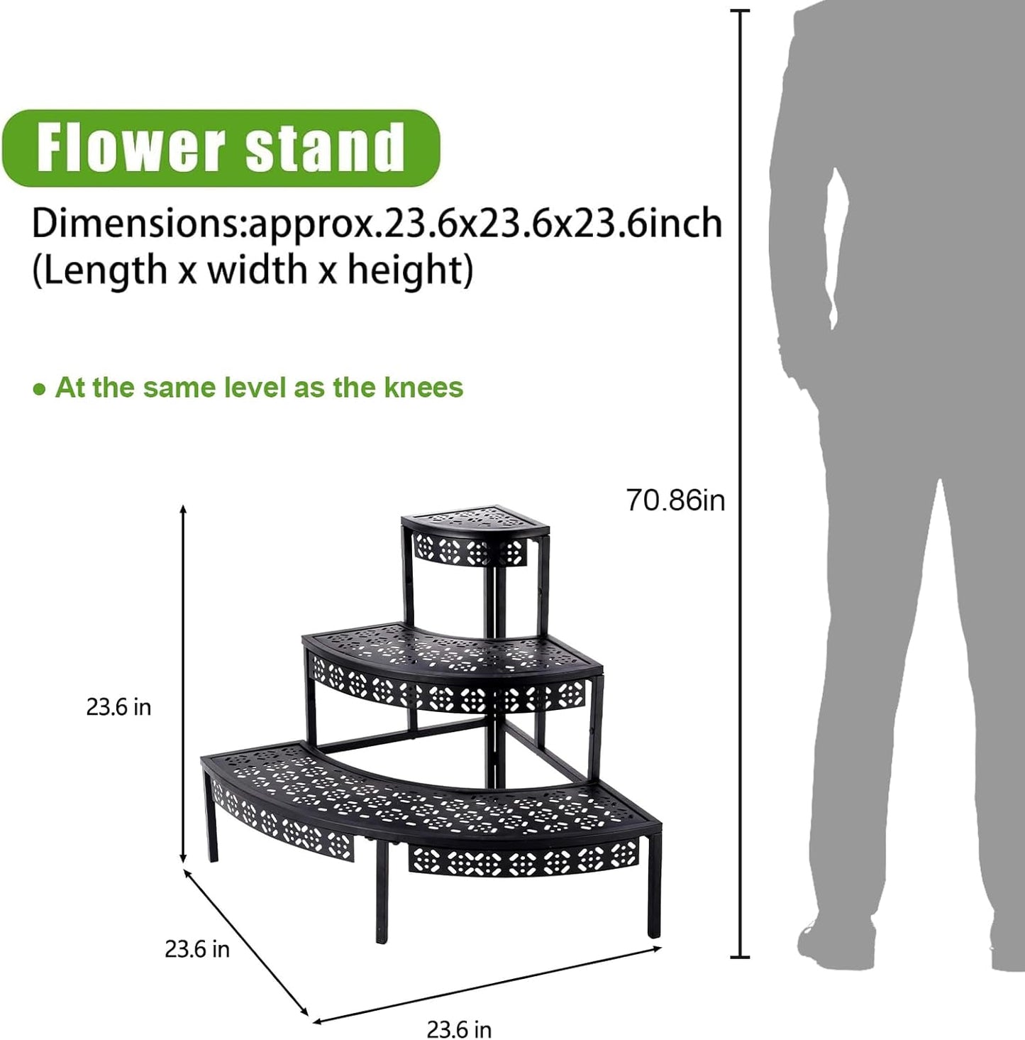 3 Tier Plant Stand Semi-Circular Flower Pot Organizer Rack Quarter Round Plant Display Holder Outdoor Storage Shelves Metal Corner Shelf Planter Shelving Ladder Plant Stand for Indoor Use(Black)