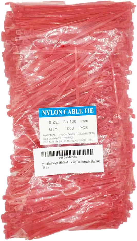 4 Inch Red Zip Ties (1000 Pieces), 18lb Strength, Nylon Cable Wire Ties