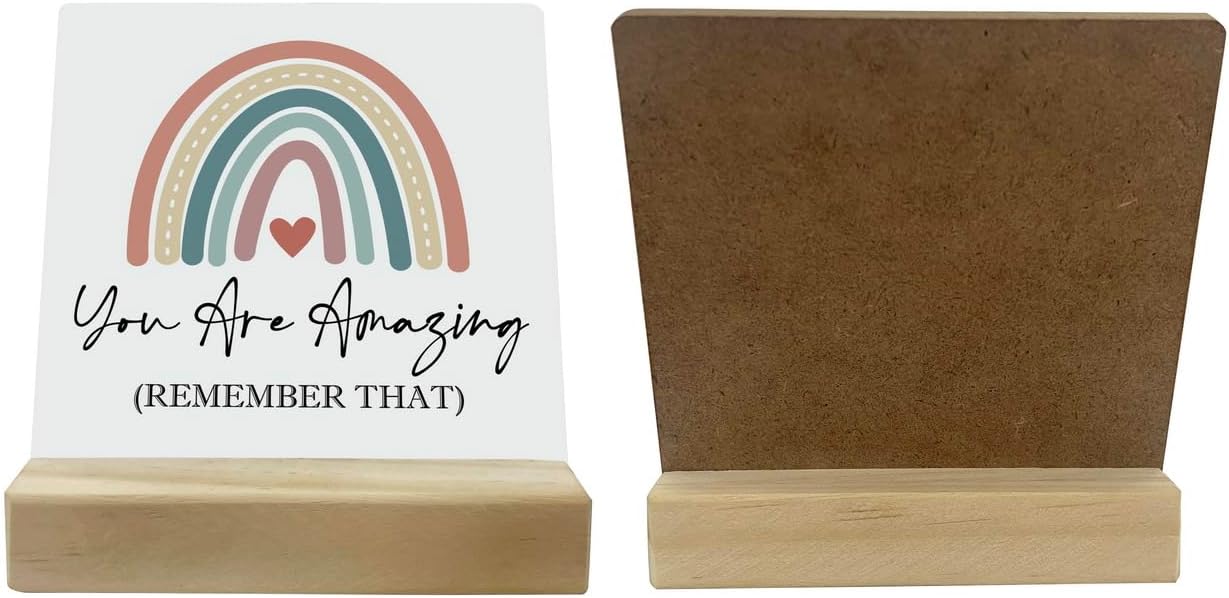 Primitive Wooden Sign, You are Amazing Remember That, Desk Plaque with Wooden Stand 4 x 4.3 inches, Rustic Home Decor, Farmhouse Sign, Inspirational Quotes Gifts for Friend Family, Cheer Up Gift