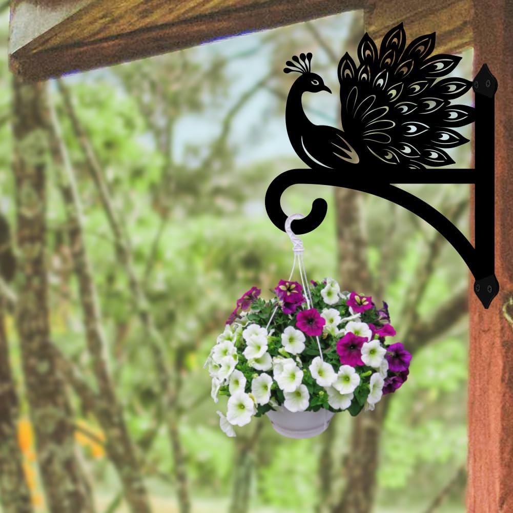 peacoblue Iron Plant Hangers Hooks for Outdoor Indoor Hanging Plants Flower Fern Pots Lantern Bird Feeder Wind Chime,12"x15.5" Weather Resistant Metal Wall Holder for Porch Garden Farmhouse(Peacock)