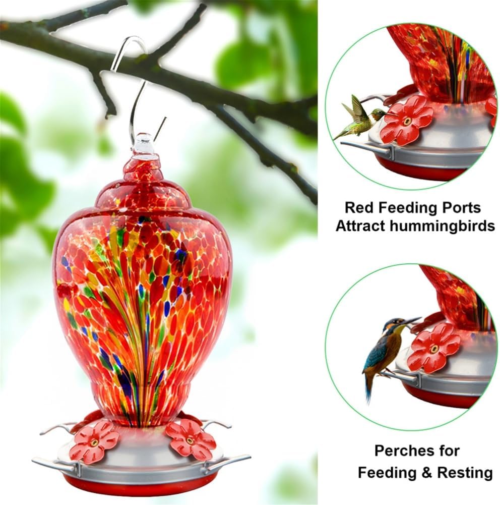 WOSIBO Hummingbird Feeder for Outdoors Patio Large 32 Ounces Colorful Hand Blown Glass Hummingbird Feeder with Ant Moat Hanging Hook, Rope, Brush and Service Card (RED-Firework)