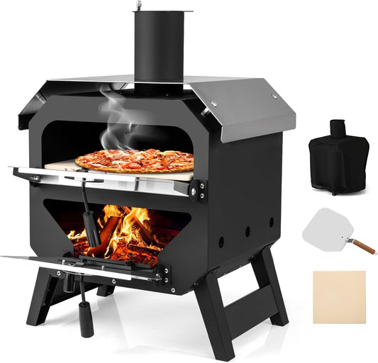 Happygrill Pizza Oven Outdoor, 12” Portable Wood-Fired Pizza Stove with Pizza Stone, Pizza Peel & Oxford Cloth Cover, Multi-Fuel Pizza Maker with Stainless Steel Roof for Patio Backyard Camping BBQ
