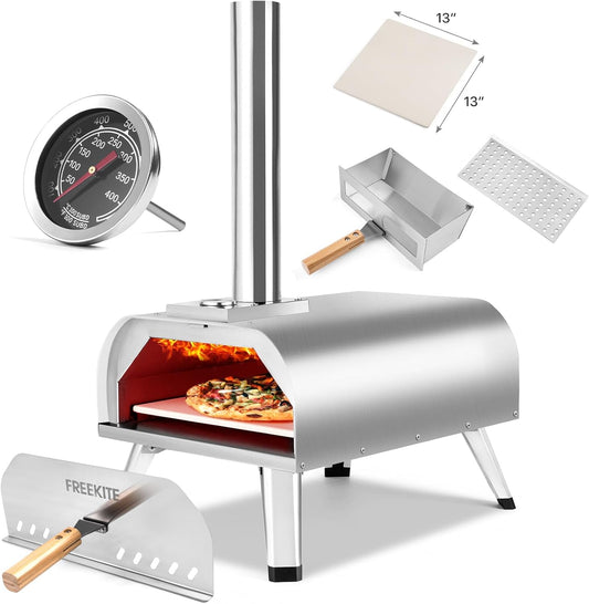 Pizza Oven 13 Inch Outdoor Wood Fired Portable Stainless Steel Pizza Oven with Pizza Stone for Family Outside Cooking Camping Backyard BBQ Pizza Maker Garden Kitchen(Silver 13IN)