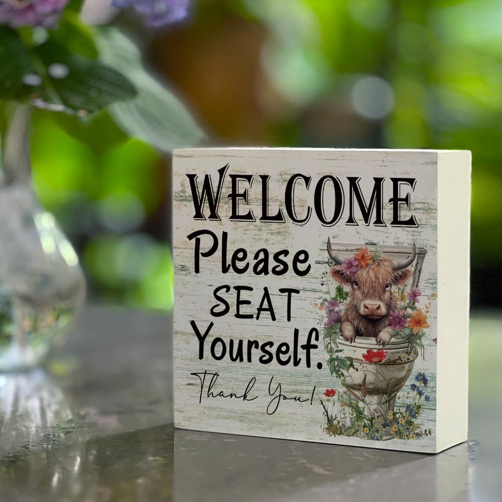 Funny Highland Cow Please Seat Yourself Bathroom Home Décor Sign Farmhouse Bathroom Signs Decor Rustic Wood Plaque Decor for Home Restroom Shelf