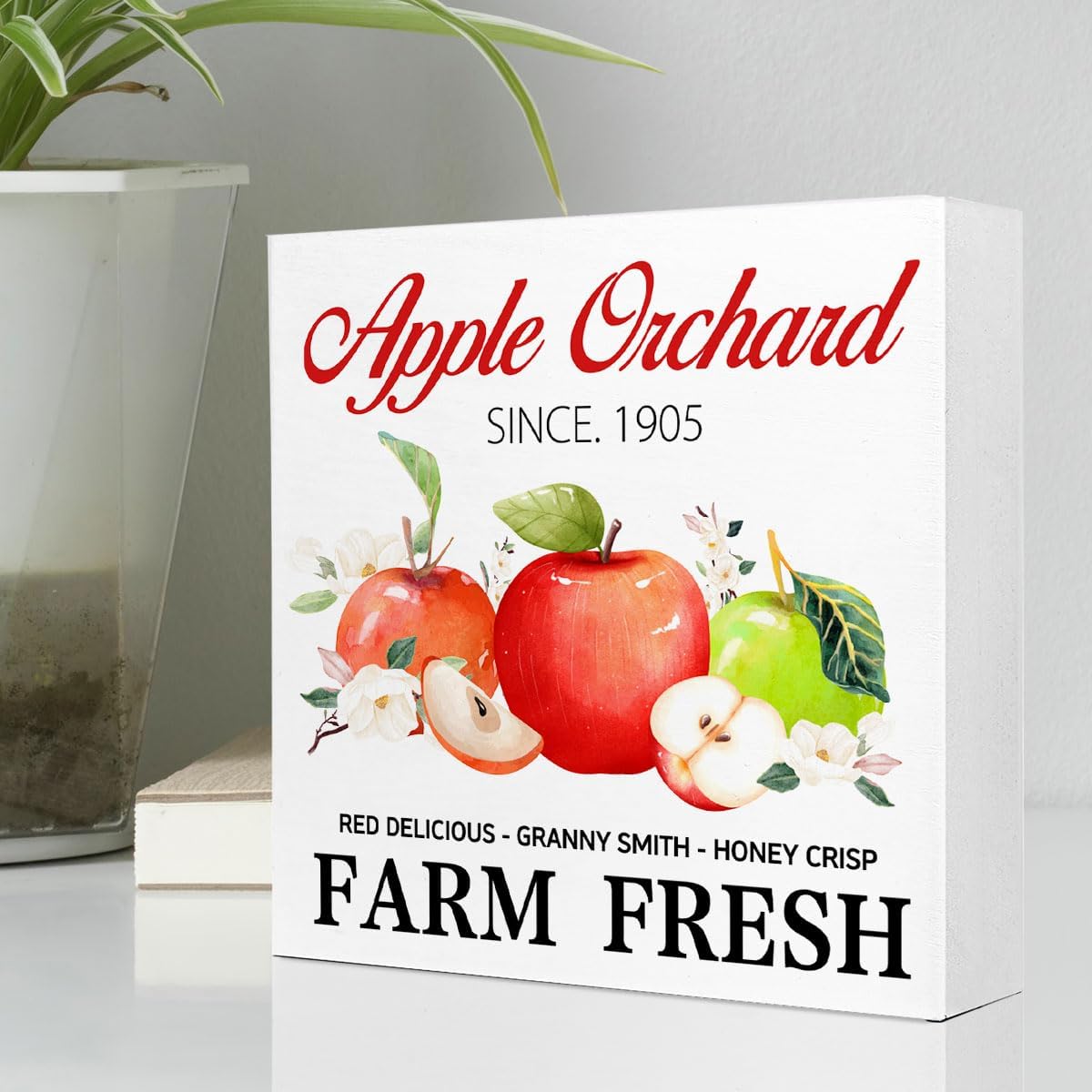 Fall Table Decor,Apple Orchard Autumn Harvest Seasonal Thanksgiving Wood Block Sign Desk Decor,Rustic Fall Wooden Box Sign Decor for Farmhouse Home Kitchen Shelf Table Decoration Q693