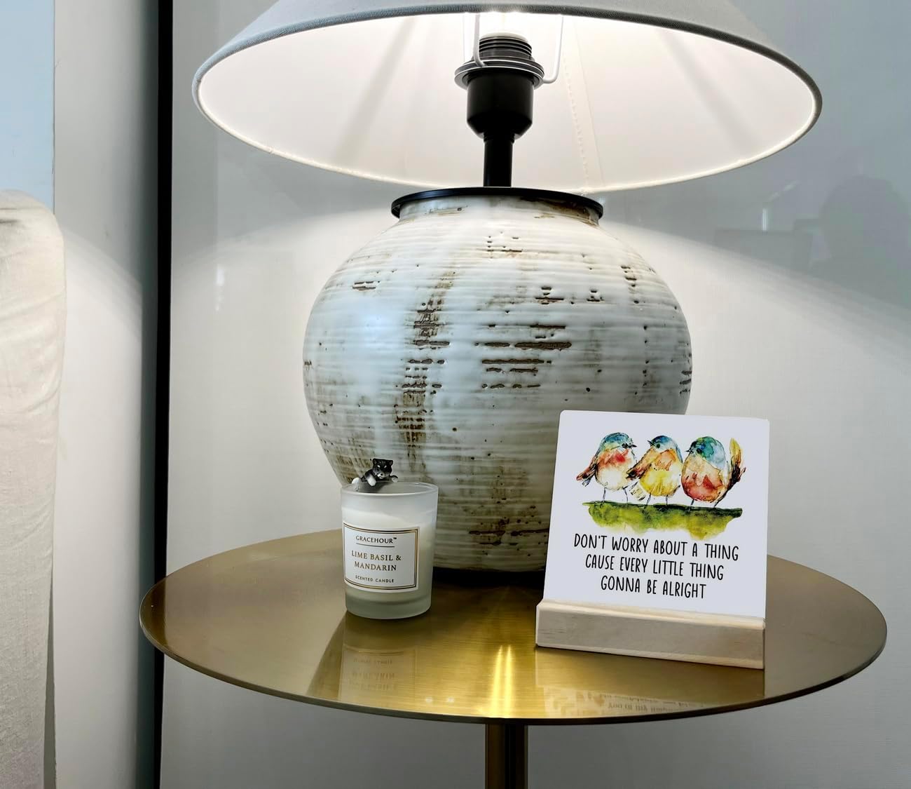 Primitive Wooden Sign, Don't Worry about A Thing Cause Every Little Thing Gonna Be Alright, Desk Plaque with Wooden Stand 4 x 4.3 inches, Three Little Birds Decor for Home Farmhouse, Gift for Friends