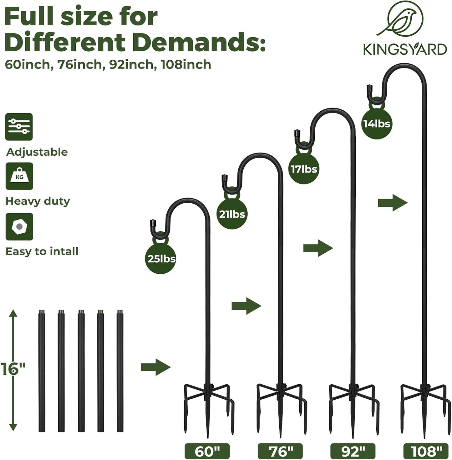 Kingsyard 2 Pack Adjustable Shepherd Hooks for Outdoor - 60 INCH Heavy Duty Bird Feeder Pole with 5 Prong Base, Hummingbird Feeder Stand, Garden Plant Baskets, Weddings Decor, Solar Light Lanterns