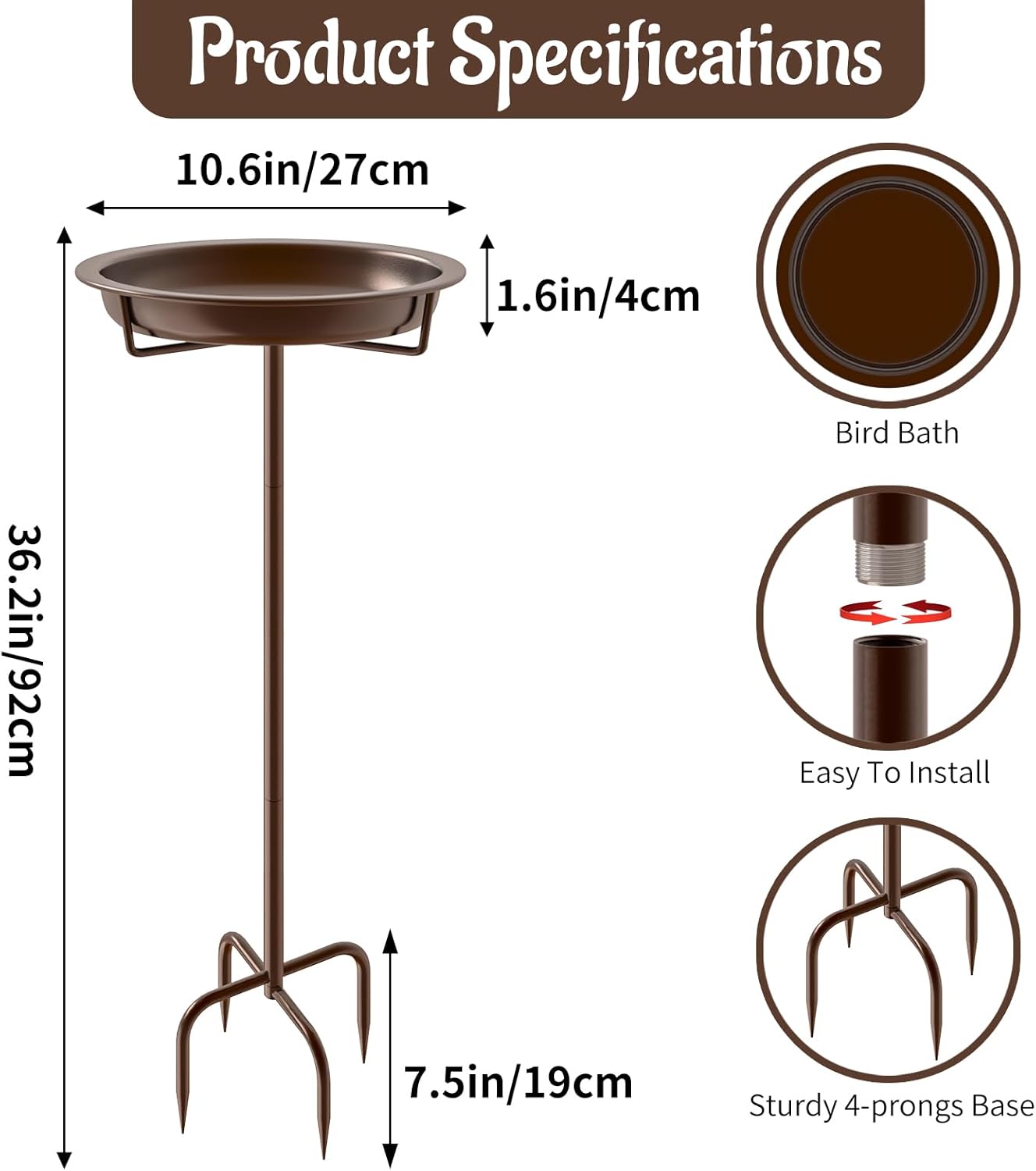 Metal Bird Bath for Outside, 36.2" Height Birdbath Bowl Standing Bird Feeders for Outdoors with 4 Prongs Base Stake, Freestanding Birdfeeders for Garden Yard Lawn Decor (Brown)