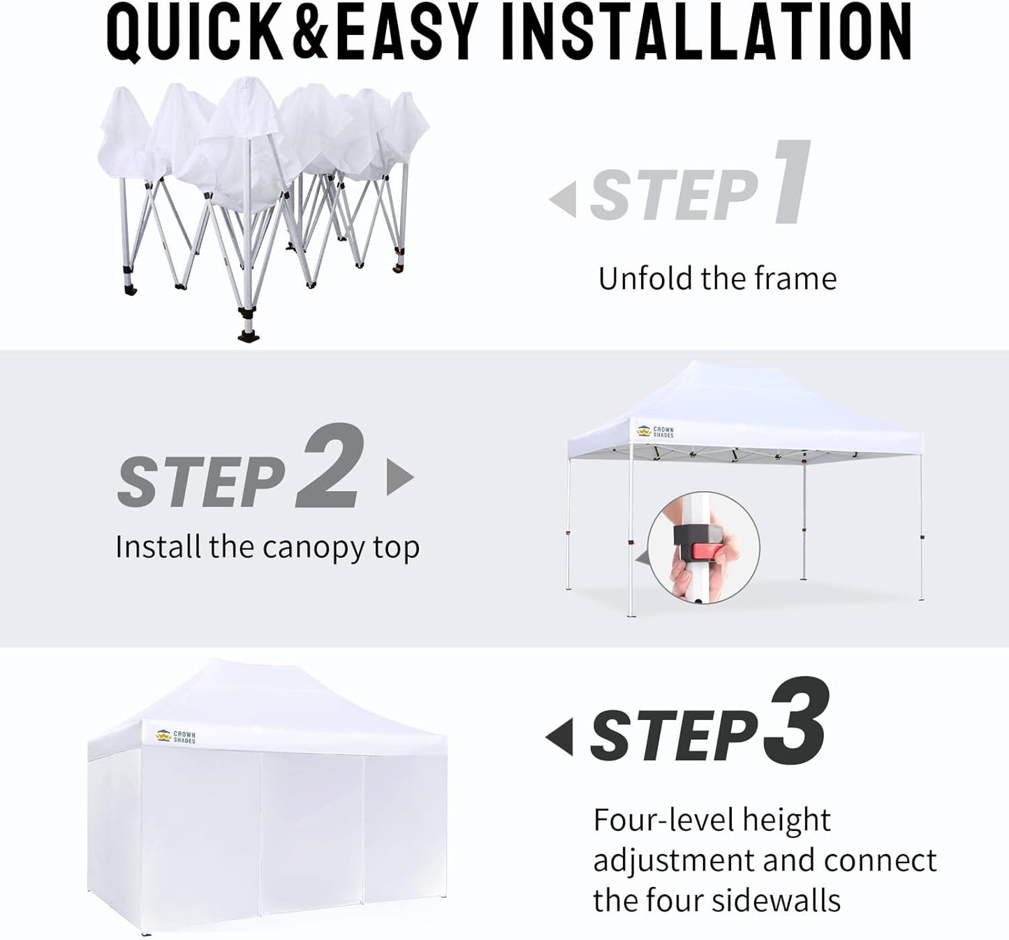 CROWN SHADES 10x15 Pop Up Canopy Tent, Thicken Frame Commercial Heavy Duty Tent, 4 Sidewalls 8 Stakes & 4 Sandbags & 4 Ropes, Outdoor Canopies for Events, Parties,White