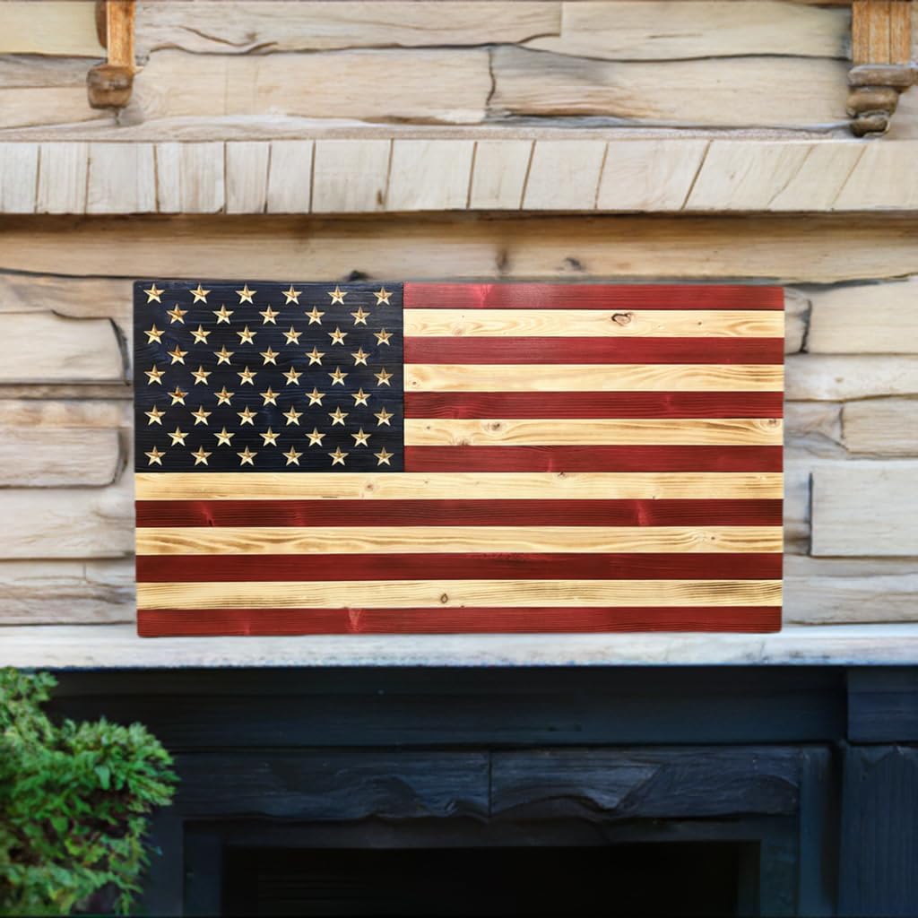 Rustic Wooden American Flag, Patriotic Wall Art (Natural Finish, 30.5x57.5)