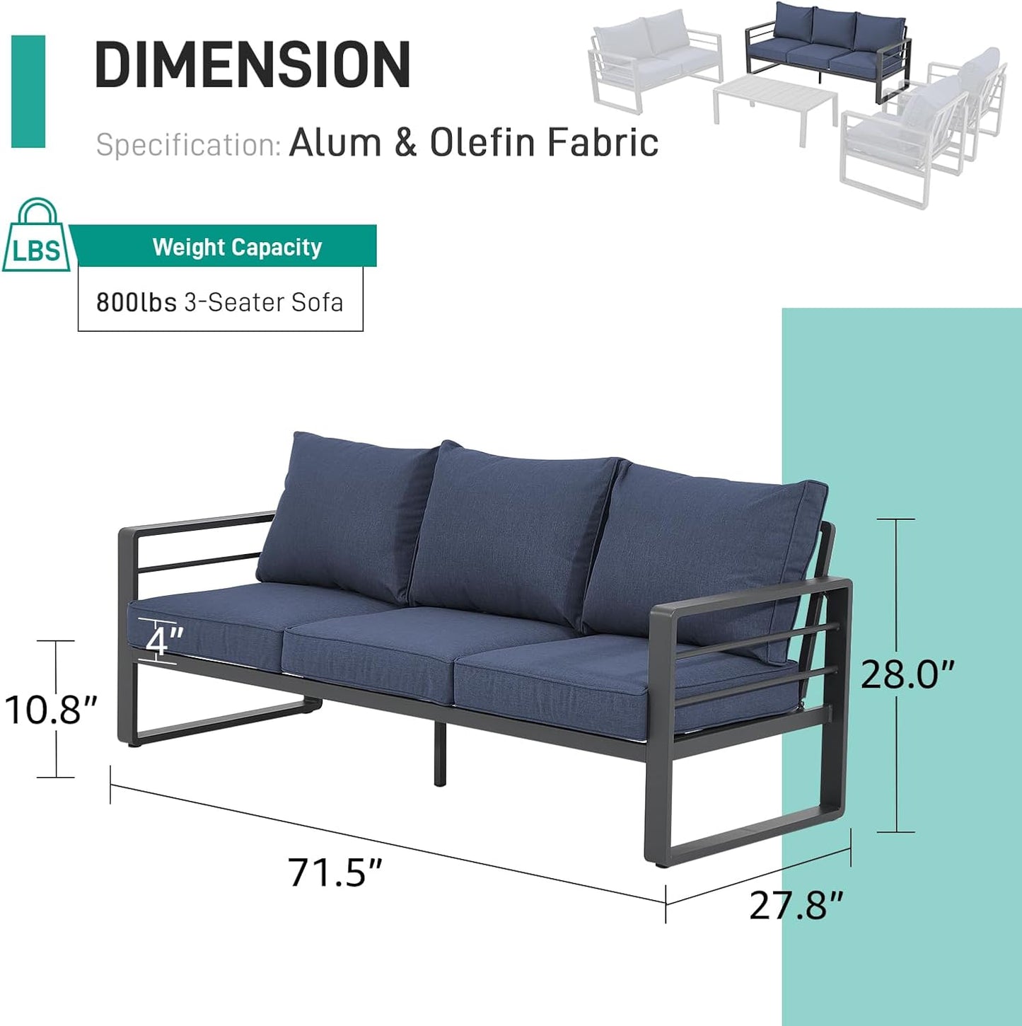 Patiorama Aluminum Patio Furniture Set, Outdoor Patio 3-Seater Sofa, 3 Seats Couch, All Weather Dark Grey Metal Chair with Olefin Cushion, Deep Seating, 800 lbs Capacity, Deck, Garden-Blue Cushion