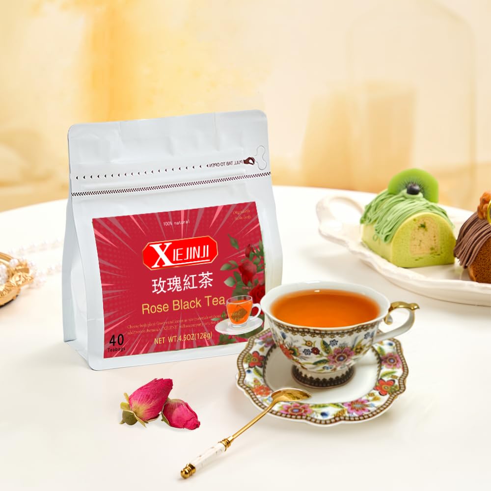 XIEJINJI Rose Black Tea - 40 Tea Bags, Natural Dried Rose and Black Tea Blend, AROMATIC & SMOOTH, Eco-Conscious Tea Bags, Enjoy Hot or Iced