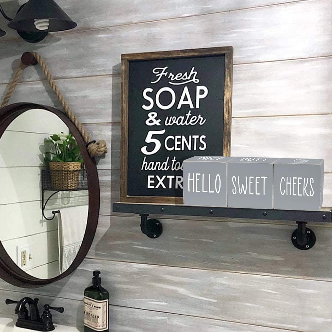 4-Sides Farmhouse Bathroom Decor for Shelves Counter, Funny Rustic Cute Wooden Restroom Guest Sign, Nice Butt&Get Naked&Hello Sweet Cheeks&Wash Your Hands, Grey 2.8"
