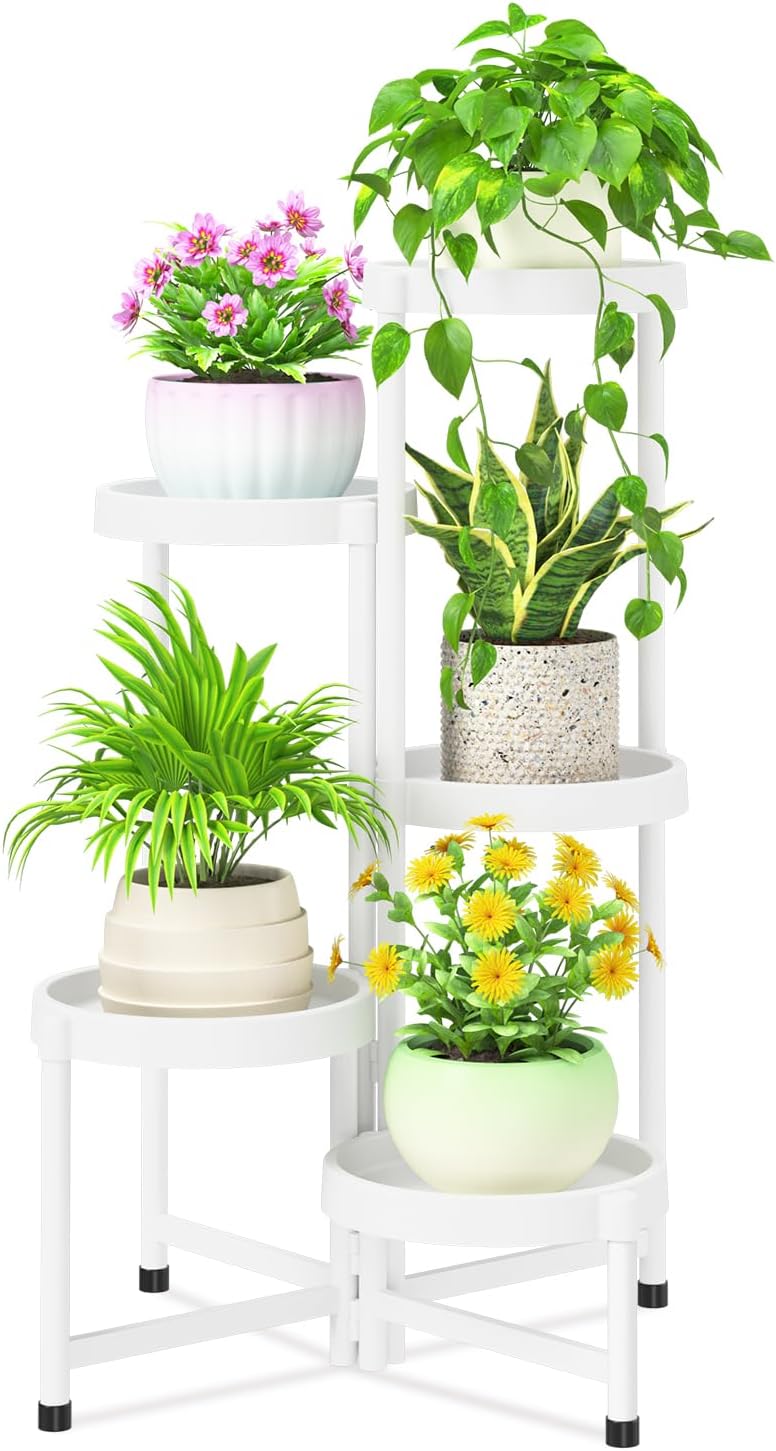 iDavosic.ly 5 Tier Folding Plant Stand Indoor Outdoor with Plastic Tray, Tiered Corner Flower Holder Shelf, Metal Orchid Display Rack for Patio Porch Living Room Garden Balcony, White