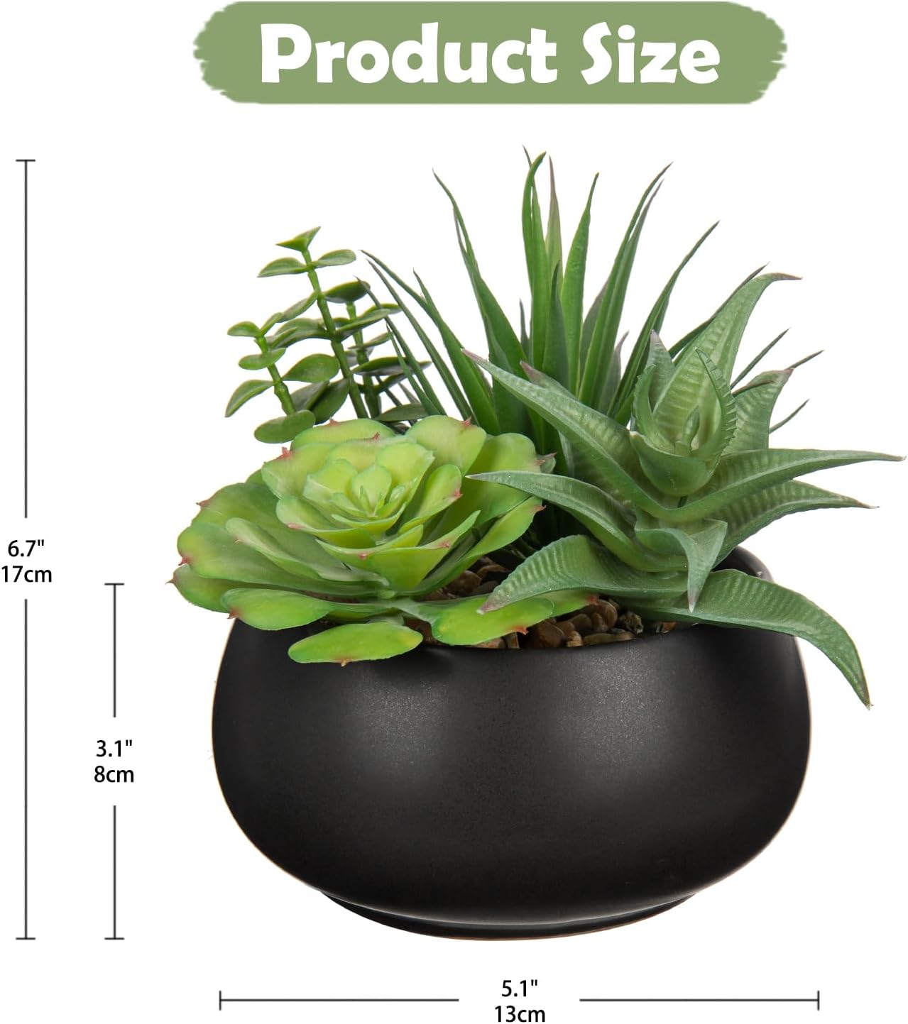 Fake Plants Artificial Succulents in Pots Faux Succulent Arrangement Potted Plant with Black Ceramic Pot for Home Decor Modern Office Desk Bathroom Shelf Living Room Indoor & Outdoor Decoration